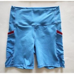 Fabletics On the Go PowerHold Biker Shorts High Waist Blue Mesh Pockets Wmn LG